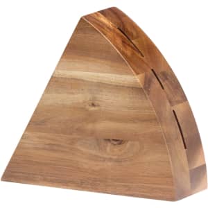 A wedge-shaped wooden cheese knife block set in natural tones with slots for knives.
