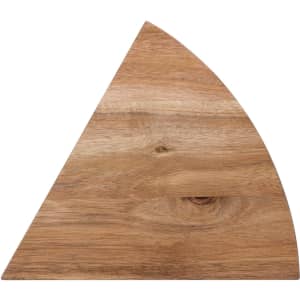 A wooden cheese board featuring a triangular wedge shape with a natural finish and visible grain patterns.
