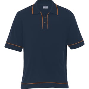 A navy blue polo shirt with orange piping and three buttons, featuring a logo on the chest.