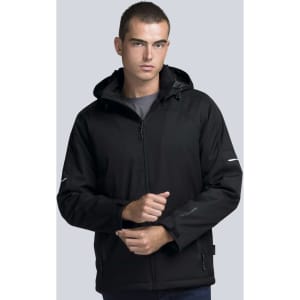 A black soft shell jacket featuring a hood and zippers, with reflective accents and a logo on the sleeve.