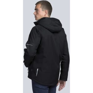 A black soft shell jacket with a hood, featuring reflective detailing and a streamlined design, worn by a model from behind.