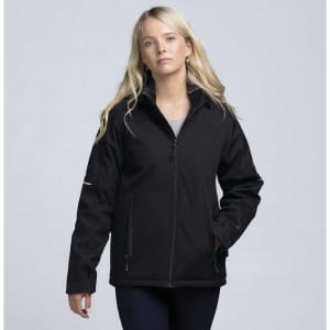 A soft shell jacket in black, featuring a zip front and a logo on the sleeve.