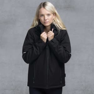 A soft shell jacket in black, featuring a hood and zippered pockets, styled on a model with long blonde hair.