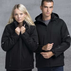 A black soft shell jacket worn by a man and a woman, featuring a hood and zippers. The jacket has a logo.