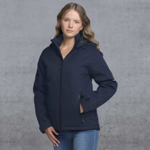 A soft shell jacket in navy blue with a zippered front, hood, and side pockets, featuring a logo.