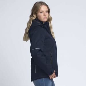 A navy soft shell jacket with a hood, featuring a zippered front and reflective detailing.
