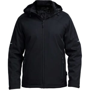 A black soft shell jacket featuring a hood, zipped pockets, and a logo on the sleeve.