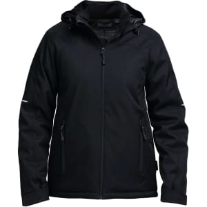 A black soft shell jacket featuring a hood, zippered pockets, and a logo on one sleeve.