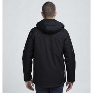 A black soft shell jacket with a hood, featuring a logo, viewed from the back.