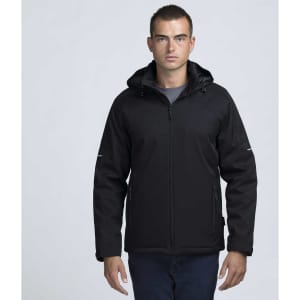 A black soft shell jacket with a hood, featuring zipped pockets and a logo on the sleeve.
