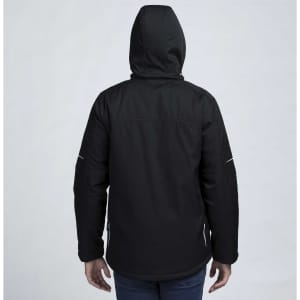 A black soft shell jacket with a hood, featuring a plain back and a logo on the upper portion.