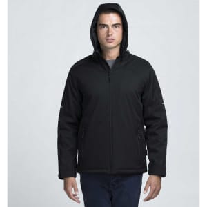 A man wearing a black soft shell jacket with a hood, featuring zippers and a logo.