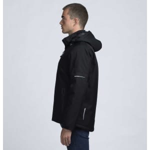 A soft shell jacket in black, featuring a hood and reflective details, displayed on a male model.
