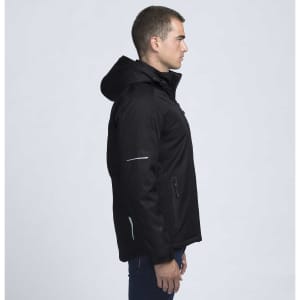 A soft shell jacket in black, featuring a hood and zippered pockets, displayed on a model from the side.