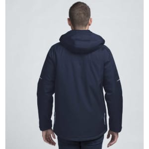 A navy soft shell jacket with a hood, featuring a logo and a sleek, modern design.