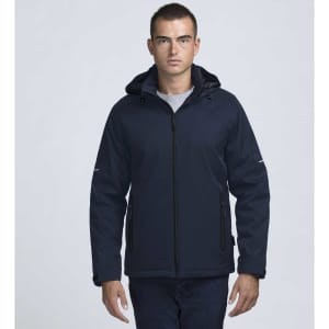 A man wearing a navy Ascend X10 soft shell jacket with a hood, featuring a zipped front and pockets.