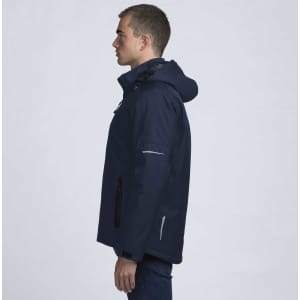 A navy soft shell jacket is displayed on a model in profile, featuring a hood and reflective details.