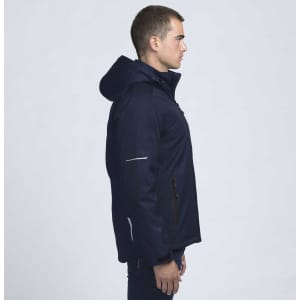A navy soft shell jacket with a hood, featuring a logo and reflective details, displayed in a side profile.