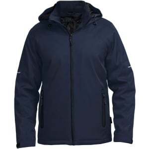 A navy soft shell jacket with a hood, featuring zippered pockets and a logo on the chest.