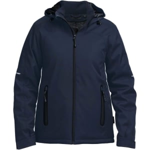 A navy soft shell jacket with a hood, featuring zipped pockets and a logo on the side.