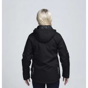 A black soft shell jacket with a hood displayed from the back, featuring a logo on the upper left side.