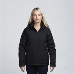 A black soft shell jacket with a hood, featuring multiple zippered pockets, worn by a model.