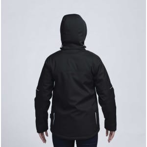 A soft shell jacket in black, featuring a hood and a sleek design, presented from the back.
