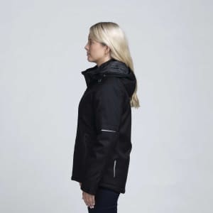 A soft shell jacket in black, featuring a hood and a logo, displayed from the side.