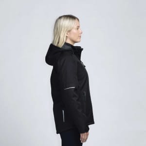 A soft shell jacket in black, featuring a hood and reflective elements, displayed on a model from the side.