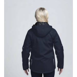 A soft shell jacket in navy blue with a hood, featuring a logo on the back, shown from behind.