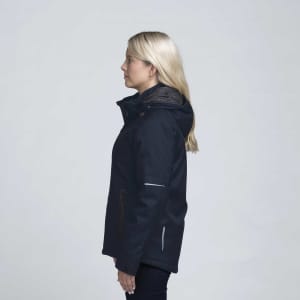 A black soft shell jacket with a hood, featuring a logo and reflective accents, displayed on a model.