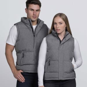 A grey puffa vest featuring a high collar and zippered pockets, displayed on two models.