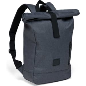 A grey roll-top backpack with a zip pocket and adjustable straps, featuring a logo on the front.