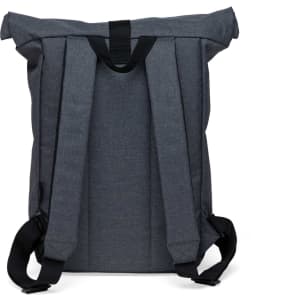 A roll-top backpack in dark grey with black straps and a top opening. Features a simple, modern design.