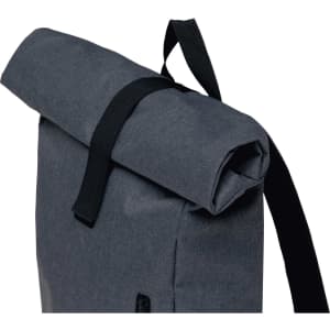 A grey roll-top backpack with black straps and a logo. The backpack has a sleek, minimalist design.