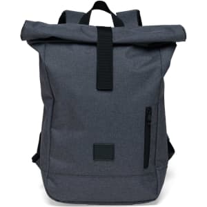 A grey roll-top backpack with adjustable straps, a front zip pocket, and a small logo patch.