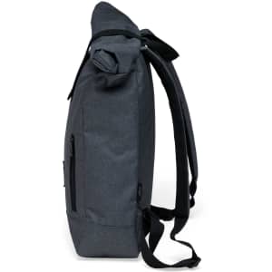A grey roll top backpack with adjustable straps, zippers, and a branding logo on the side.