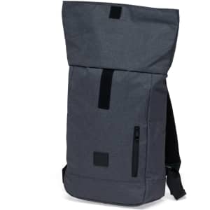 A grey roll-top backpack with a zipped pocket and a logo, featuring adjustable straps and a sleek design.
