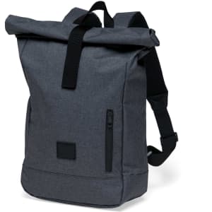 A grey roll-top backpack with a zipper pocket and adjustable straps. Features a logo on the front.