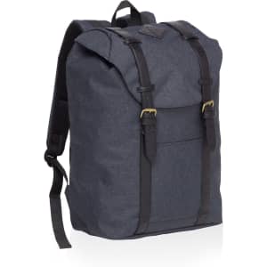 A dark grey Front-Side Backpack with black straps and a logo, featuring a flap closure and front pocket.