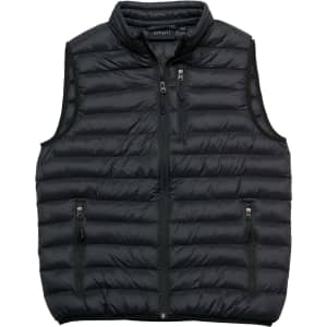 A black padded vest featuring a zip up front and two zippered pockets, with a logo on the inside collar.