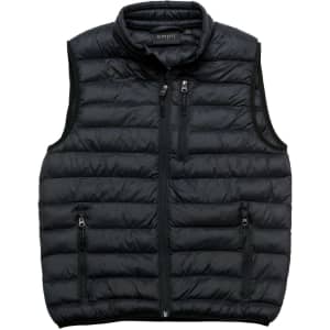 A black puffer vest with a high collar, featuring zippered front pockets and a zip closure. It has a logo emblem.