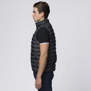 A black puffer vest with a zip, featuring a stand-up collar and a fitted silhouette. It has a logo on it.
