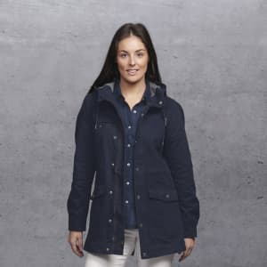 A navy jacket with a hood, featuring multiple pockets and a model posing in front of a grey background.