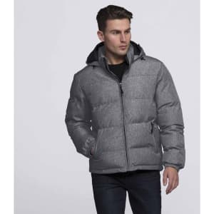 A man is wearing a grey puffer jacket with a hood, featuring side pockets and a front zipper.