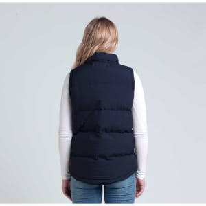 A navy puffa vest viewed from the back, featuring a sleeveless design and a simple silhouette.