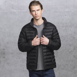 A black puffer jacket is worn by a model, featuring a zip front and a high neck, set against a textured grey background.