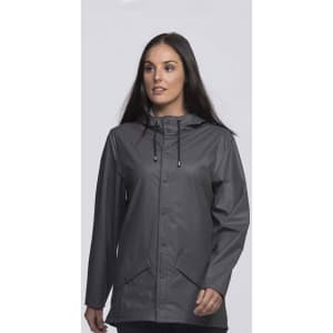 A grey rain jacket for women featuring a hood and front buttons, with a branded logo on it.