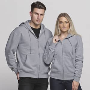 A grey vintage hoodie for men and women, featuring a zip-up front and two pockets. The garment has a logo.
