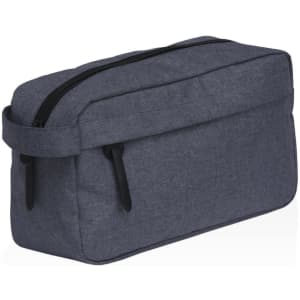A grey toiletry bag with a zippered closure and a side handle, featuring branding on the front.